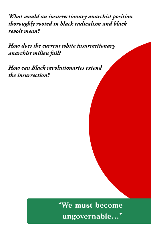 What would an insurrectionary anarchist position
thoroughly rooted in black radicalism and black
revolt mean?

How does the current white insurrectionary
anarchist milieu fail?

How can Black revolutionaries extend
the insurrection?

“We must become

ungovernable...”

 
